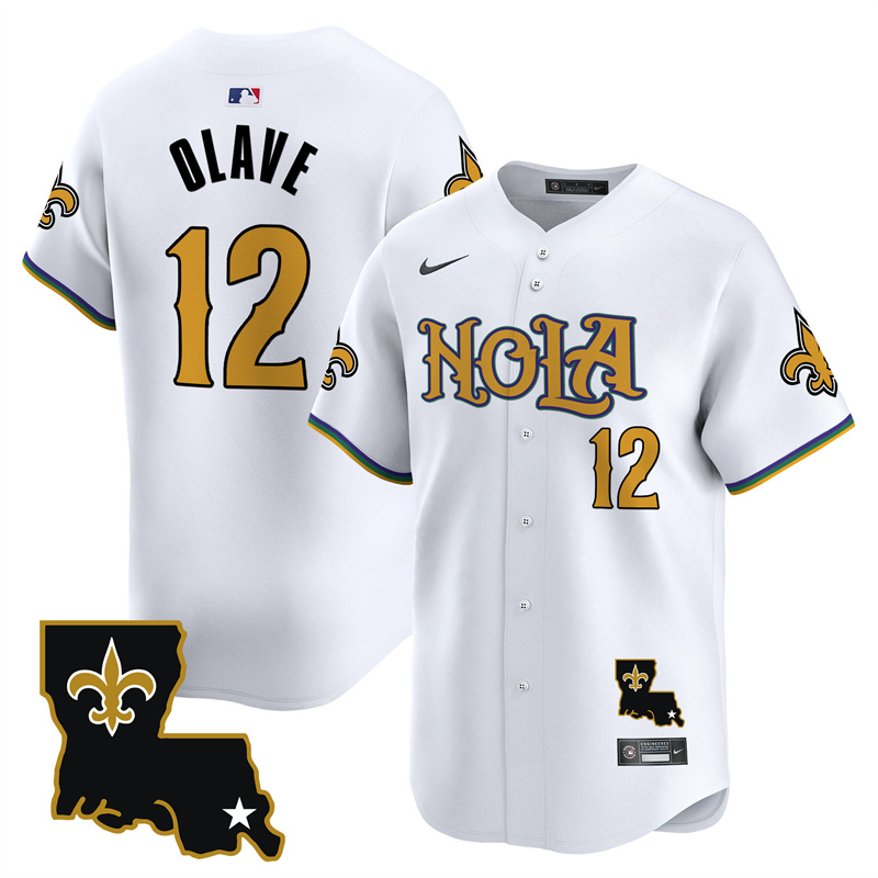 Men's New Orleans Saints #12 Chris Olave White Cool Base Stitched Baseball Jersey